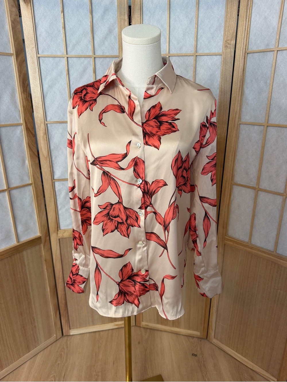 Philosophy Republic Clothing Satin Floral Blouse Ivory Coral Size S